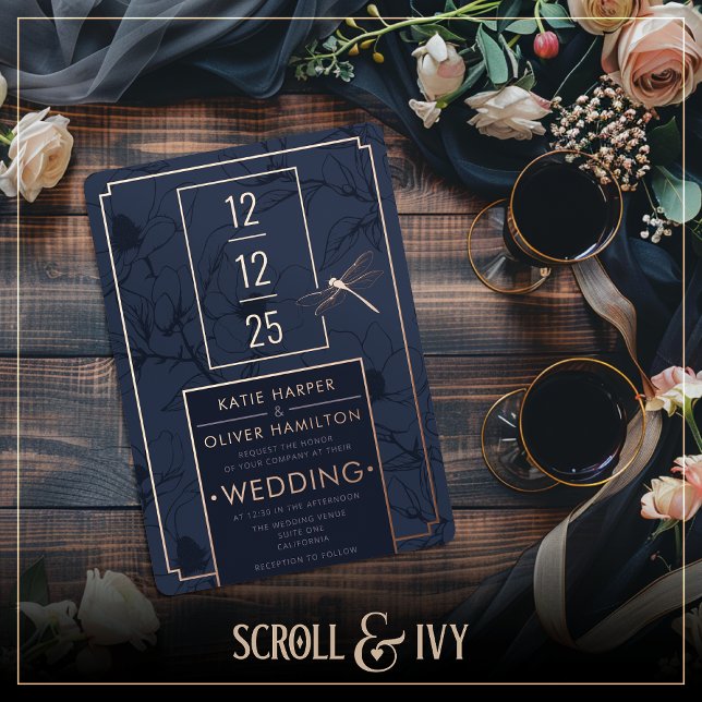 Dragonfly & Modern Blue Floral Foil Invitation (Creator Uploaded)