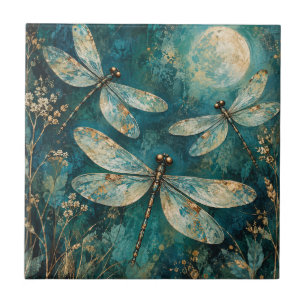 Dragonfly Moonlit Teal Botanical Nature Art Tile