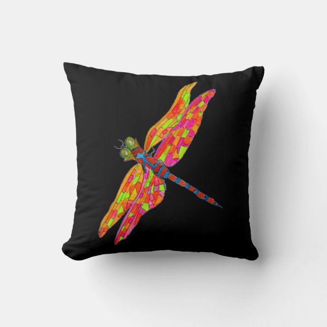 Dragonfly neon watercolor illustration cushion (Front)
