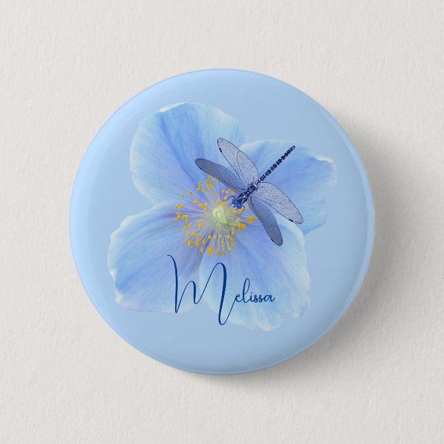 Dragonfly on Blue Poppy button (Front)
