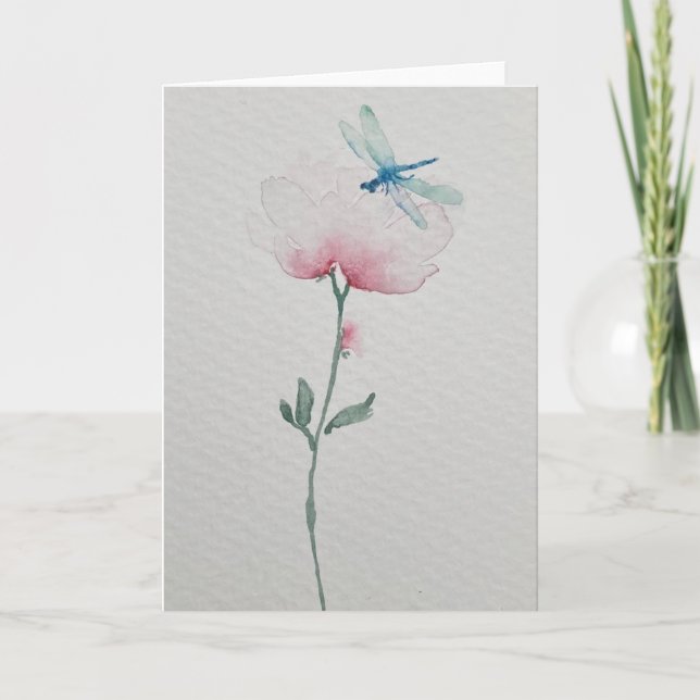 Dragonfly on flower watercolor painting card (Front)