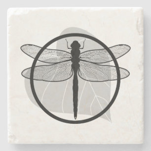 Dragonfly on Leaf Drawing - Wildlife Circle Series Stone Coaster