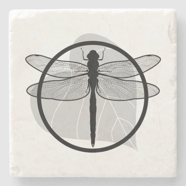 Dragonfly on Leaf Drawing - Wildlife Circle Series Stone Coaster (Front)