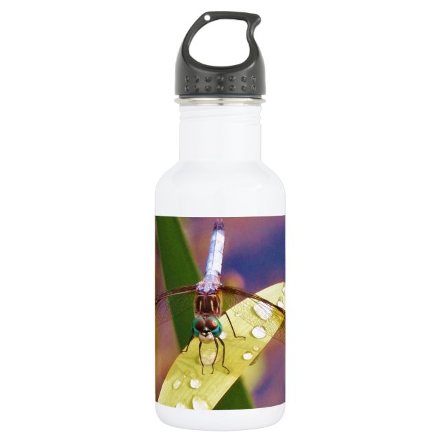 Dragonfly on raindrop leaf 532 ml water bottle (Front)