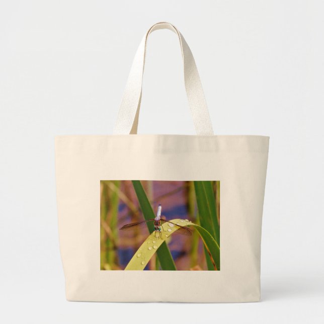 Dragonfly on raindrop leaf large tote bag (Front)
