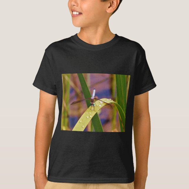 Dragonfly on raindrop leaf T-Shirt (Front)