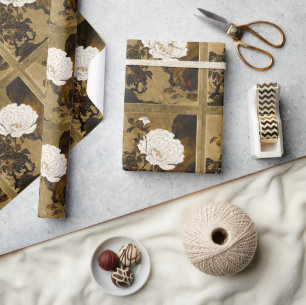 Dragonfly On Vintage Botanical Gold Japanese Peony Wrapping Paper