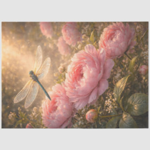 Dragonfly Over Pink Peonies Spring Garden  Tissue Paper