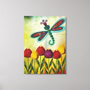 Dragonfly Over Tulips Canvas Print
