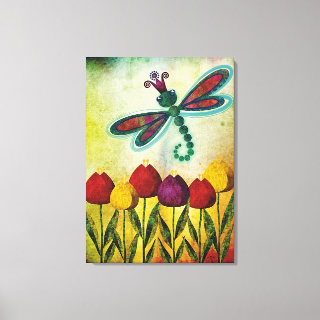 Dragonfly Over Tulips Canvas Print (Front)