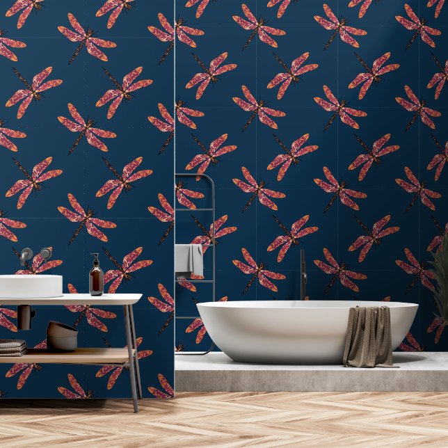 Dragonfly Pattern on Midnight Blue Wallpaper (Bathroom)