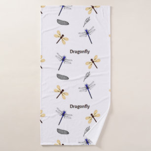 Dragonfly pattern on white bath towel