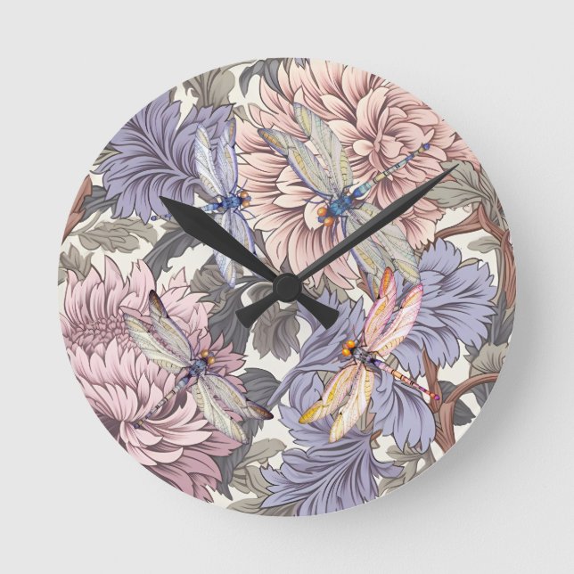 Dragonfly Peony Pink Light Purple French Floral Round Clock (Front)