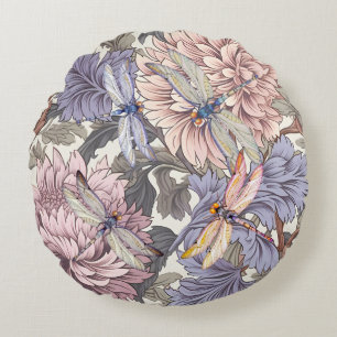 Dragonfly Peony Pink Light Purple French Floral Round Cushion