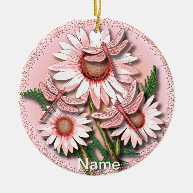 Dragonfly Pink Daisies  Ceramic Tree Decoration (Front)