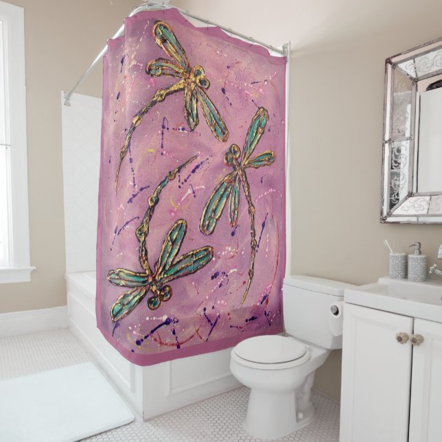 Dragonfly Pink Fizz Shower Curtain (In Situ)