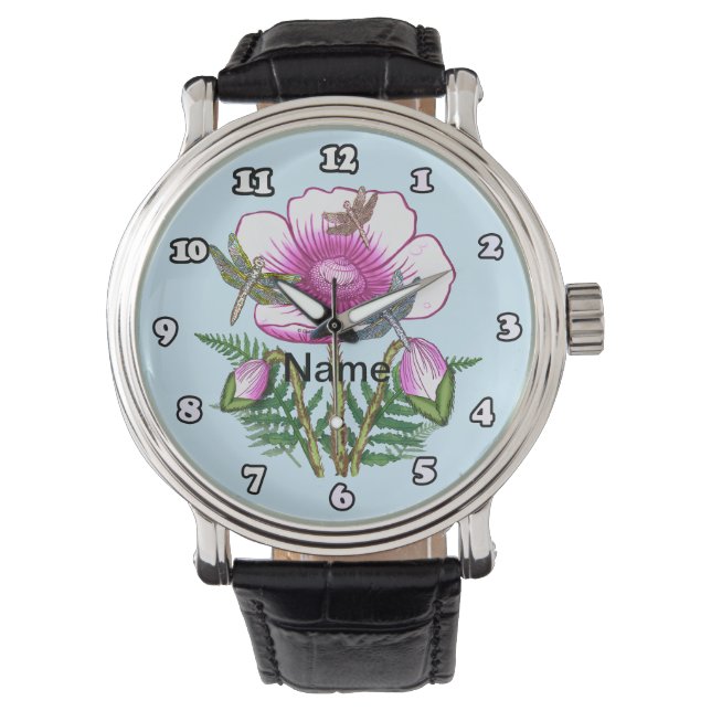 Dragonfly Pink Poppy Watch (Front)