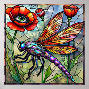 Dragonfly Poppy Flower Insect Enthusiast Botanical Poster