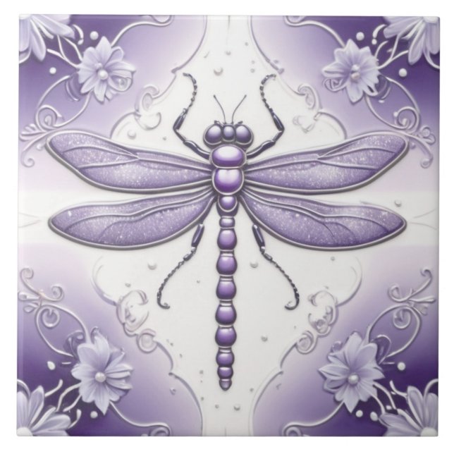 Dragonfly Purple and White Flower Art Tile (Front)