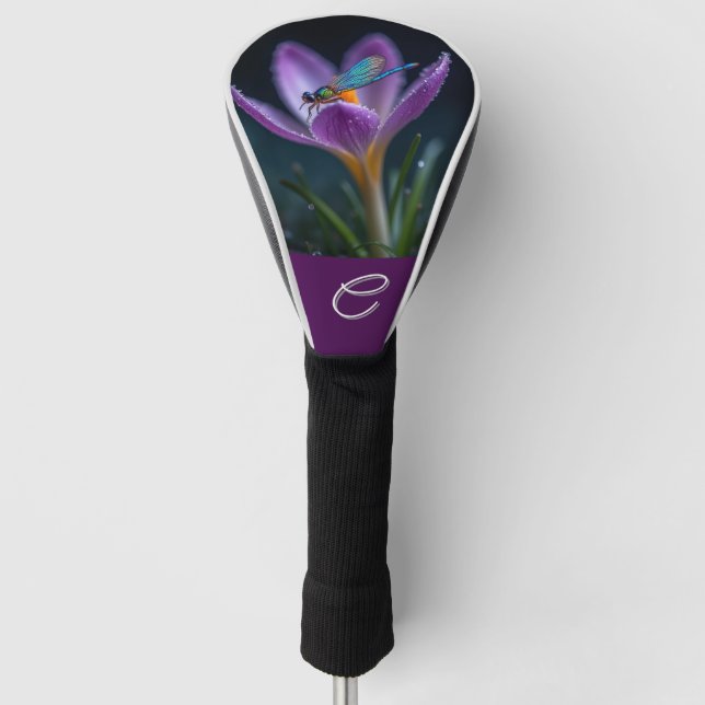 Dragonfly Purple crocus Customisable Monogram/name Golf Head Cover (Front)