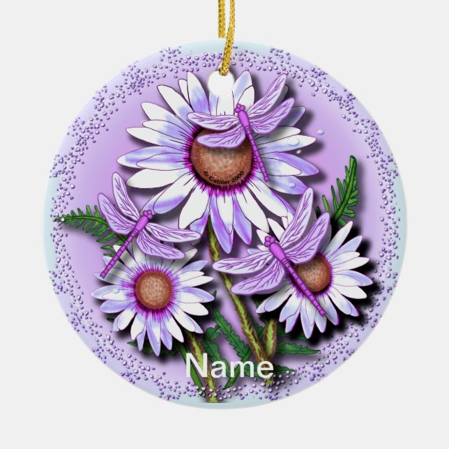 Dragonfly Purple Daisies  Ceramic Tree Decoration (Front)