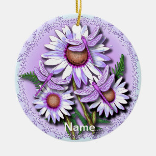 Dragonfly Purple Daisies flowers  Ceramic Tree Decoration