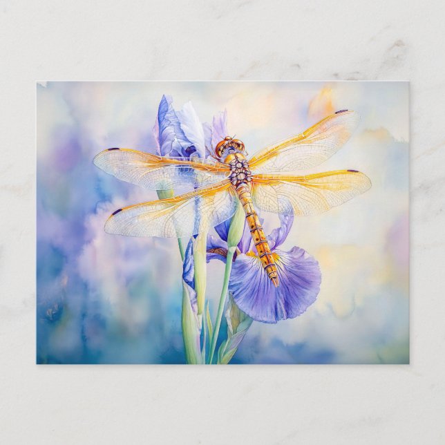 Dragonfly resting on a lily watercolor painting postcard (Front)