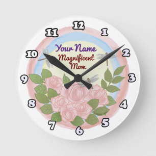 Dragonfly Roses Mum  Round Clock