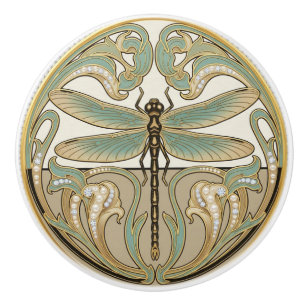 Dragonfly Sage Green & Gold Art Deco Nouveau Ceramic Knob