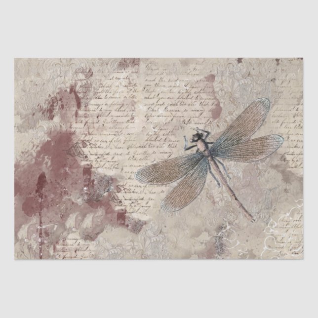 Dragonfly Shabby Mixed Media Script Decoupage  Tissue Paper (Front)