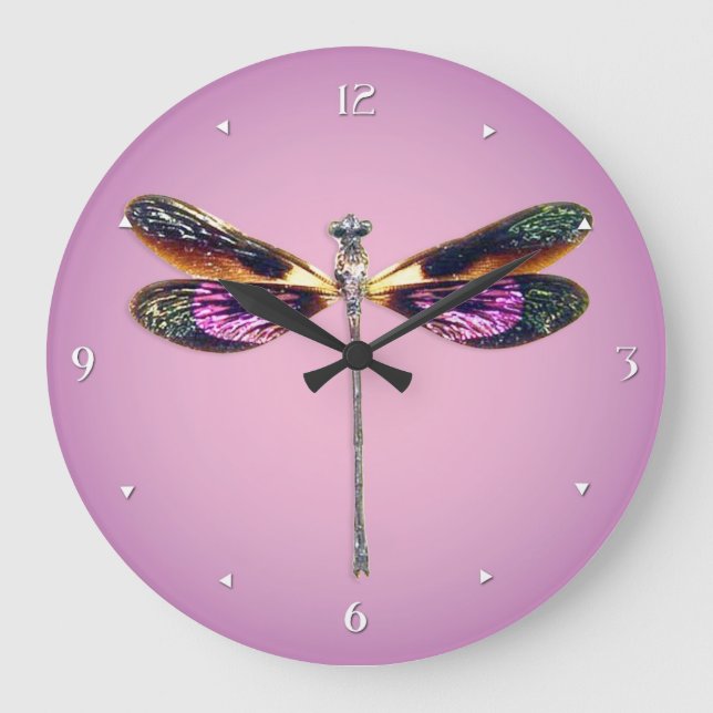 Dragonfly - silver, gold, purple and black large clock (Front)