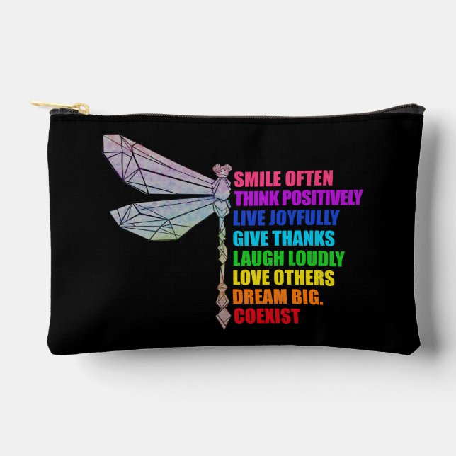 Dragonfly Smile Often Think Positively Quote Accessory Pouch (Front)