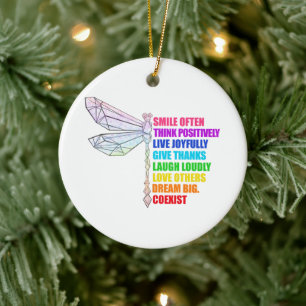 Dragonfly Smile Often Think Positively Quote Ceramic Tree Decoration