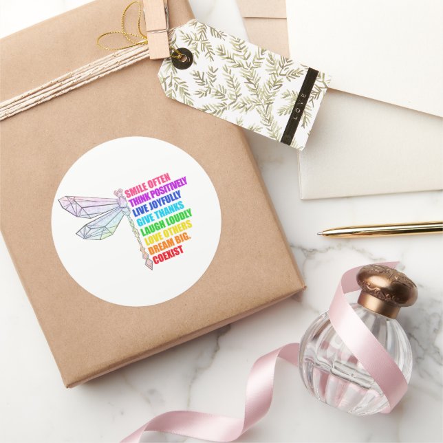 Dragonfly Smile Often Think Positively Quote Classic Round Sticker (Gifting)