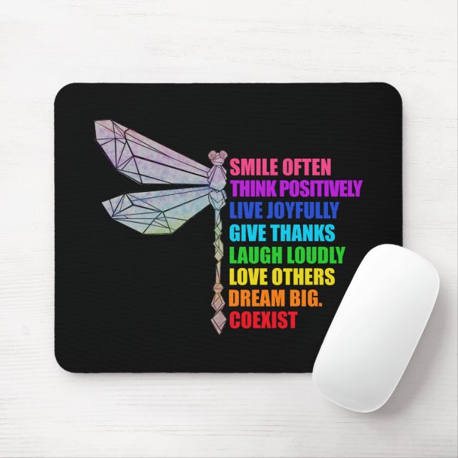 Dragonfly Smile Often Think Positively Quote Mouse Mat (With Mouse)