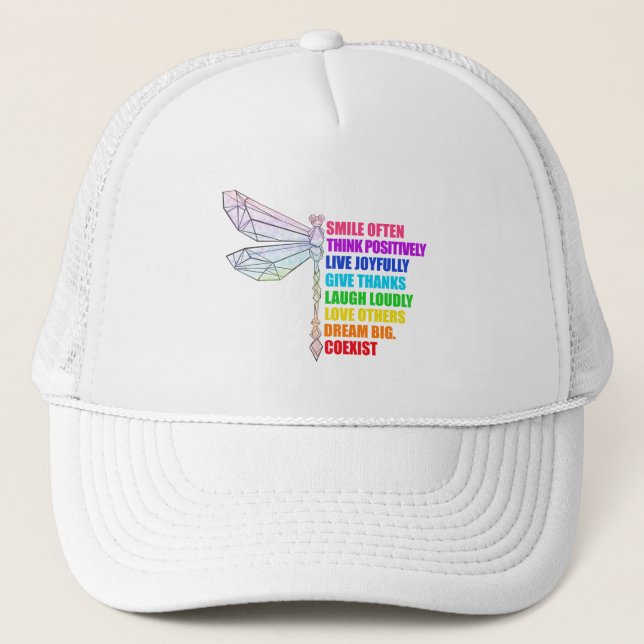 Dragonfly Smile Often Think Positively Quote Trucker Hat (Front)