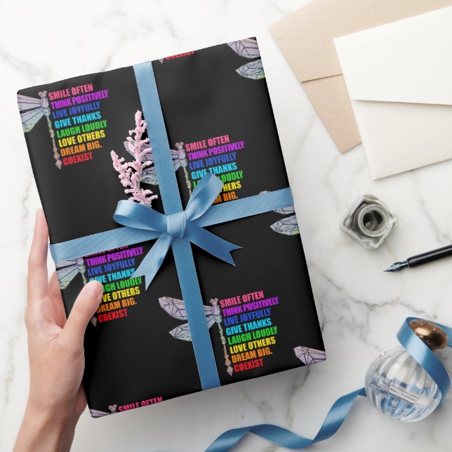 Dragonfly Smile Often Think Positively Quote Wrapping Paper (Gifting)