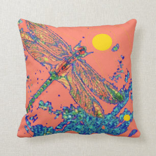 Dragonfly Splash Salmon Pillow by Sharles