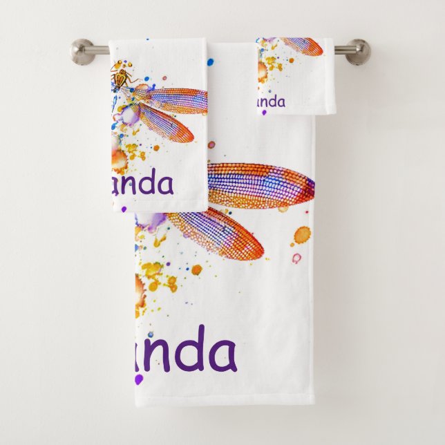 Dragonfly splatter personalised bath towel set (Insitu)