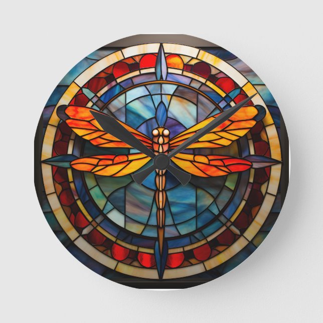dragonfly stained glass round clock (Front)