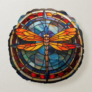 dragonfly stained glass round cushion