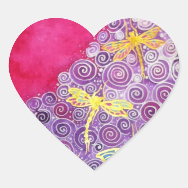 Dragonfly stickers: Original hand painted silk Heart Sticker (Front)