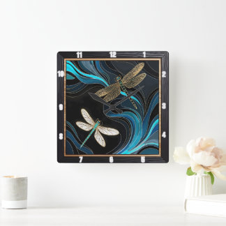 Dragonfly Teal Abstract  Square Wall Clock