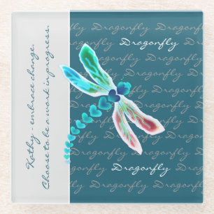 Dragonfly (Teal) - Personalised Glass Coaster