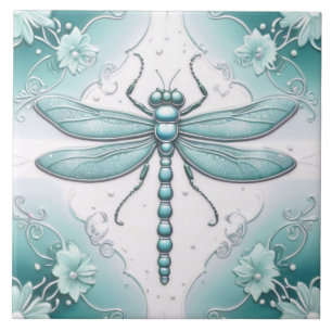 Dragonfly Turquoise and White Flower Art Teal Tile