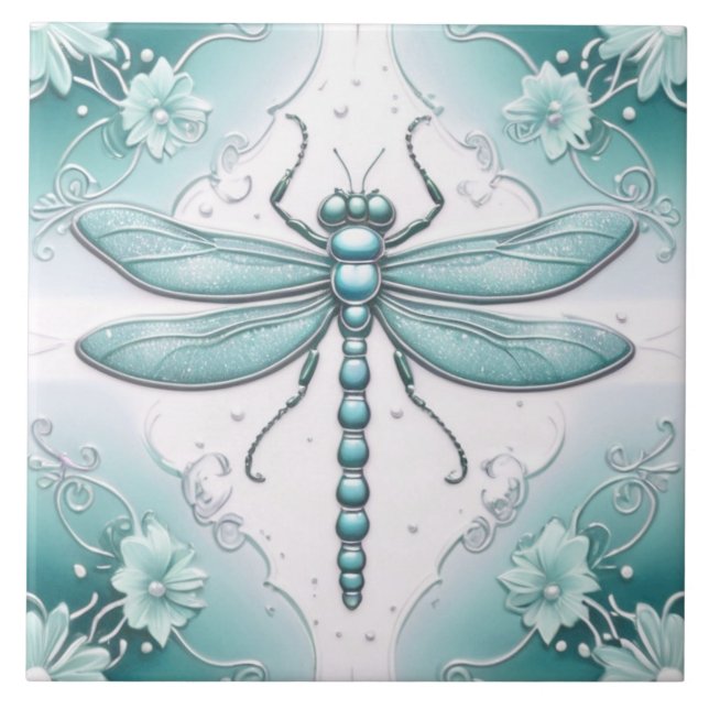 Dragonfly Turquoise and White Flower Art Teal Tile (Front)