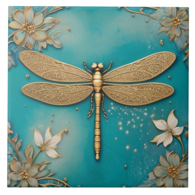 Dragonfly Turquoise Teal & Gold Faux Relief Asian Tile (Front)