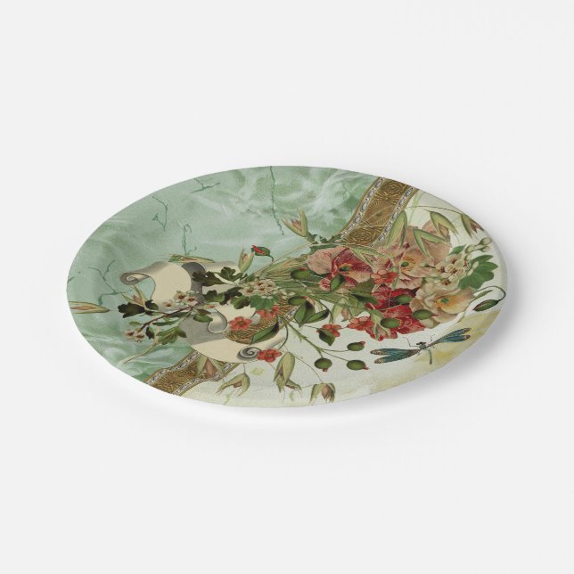 Dragonfly Vintage Floral Paper Plates Wedding (Angled)