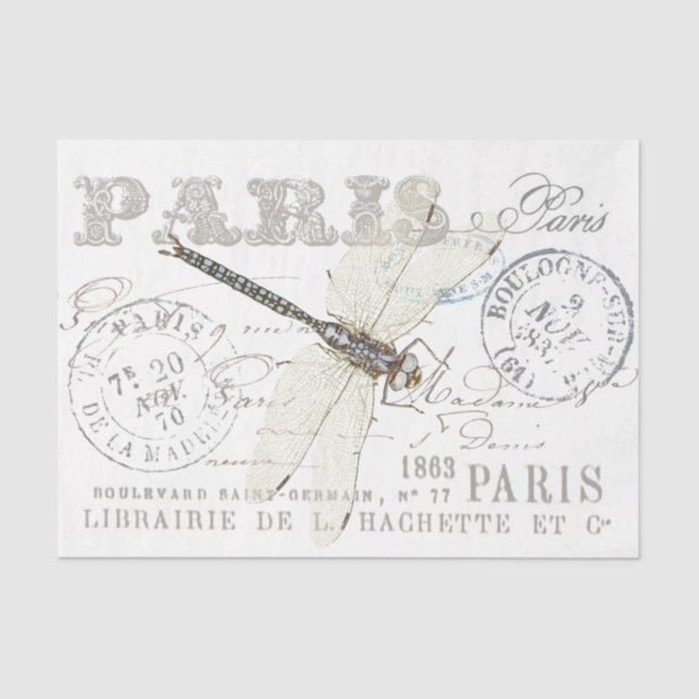 Dragonfly Vintage Paris French Script Decoupage Tissue Paper (Front)