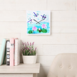 Dragonfly Water Lily Painting Nature Square Wall Clock